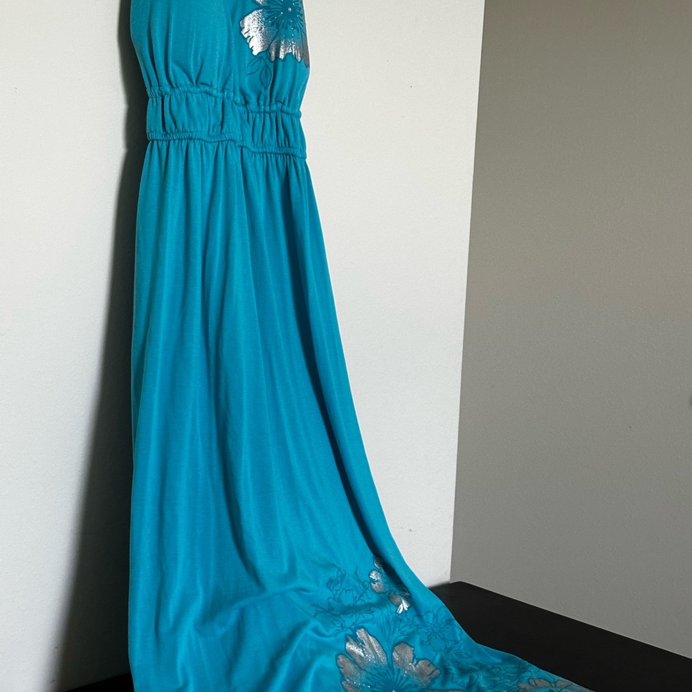 Derek Heart Turquoise Dress with Metallic Floral Design
